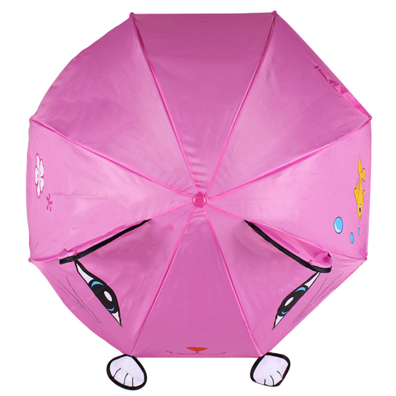 View form above of a pink children's umbrella shaped like a cat