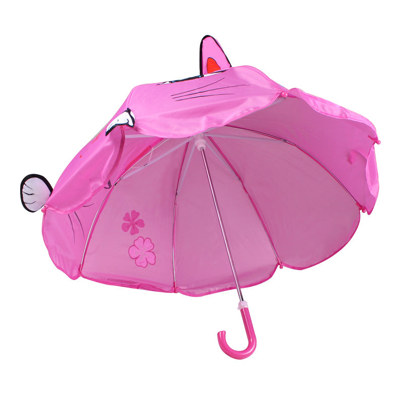 Child's pink cat umbrella from side view