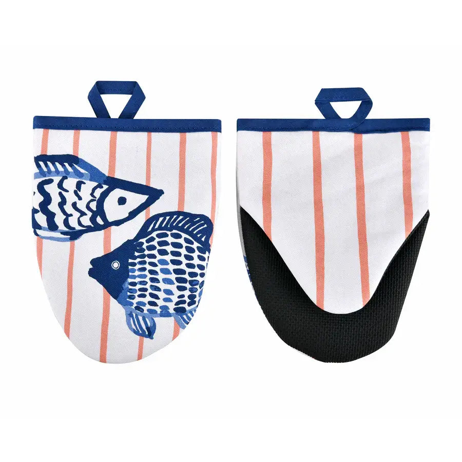 Pair of oven mitts with fish design on a white background