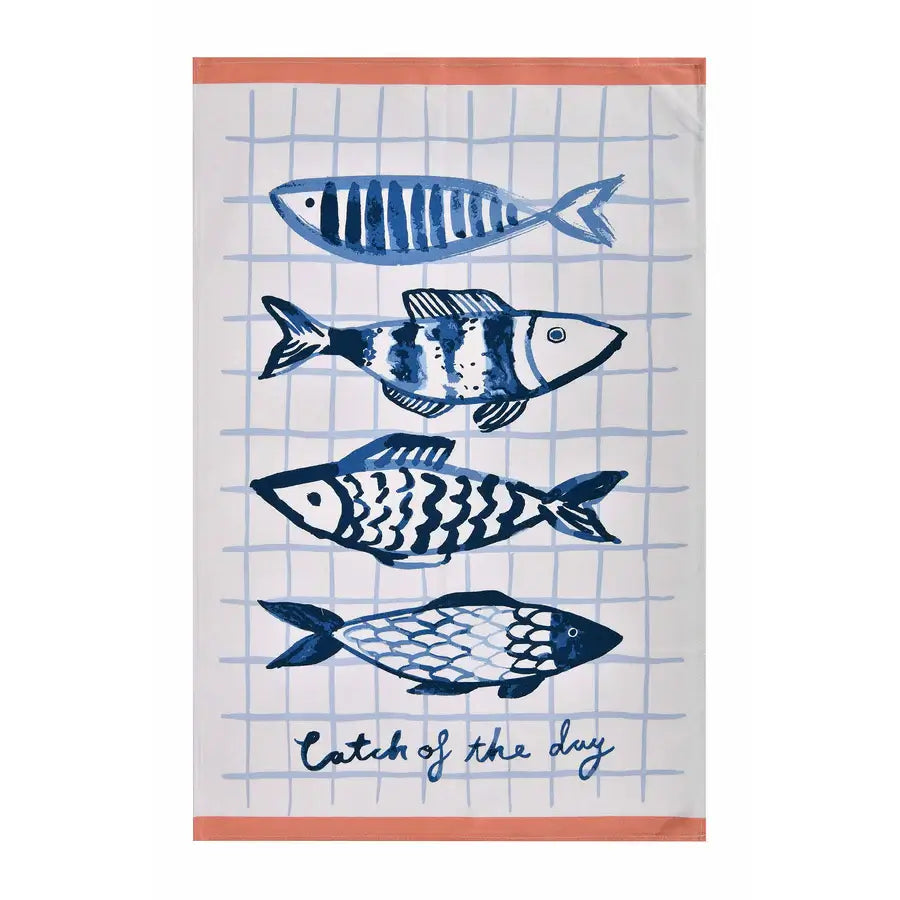Towel with blue fish illustrations and 'Catch of the Day' text on a grid background