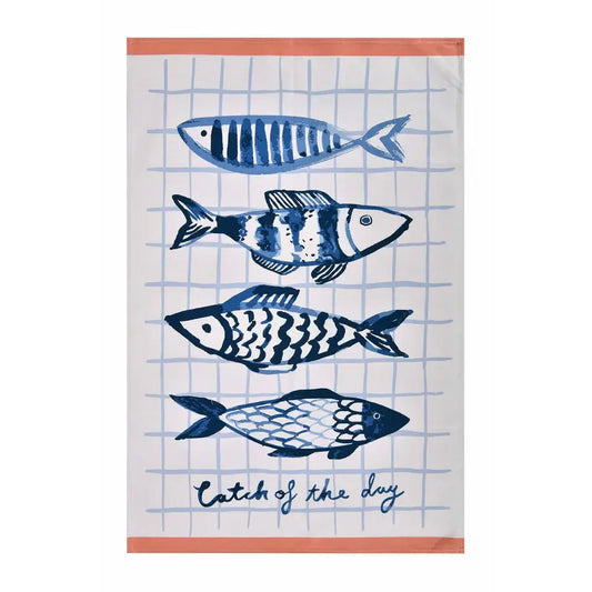 Towel with blue fish illustrations and 'Catch of the Day' text on a grid background