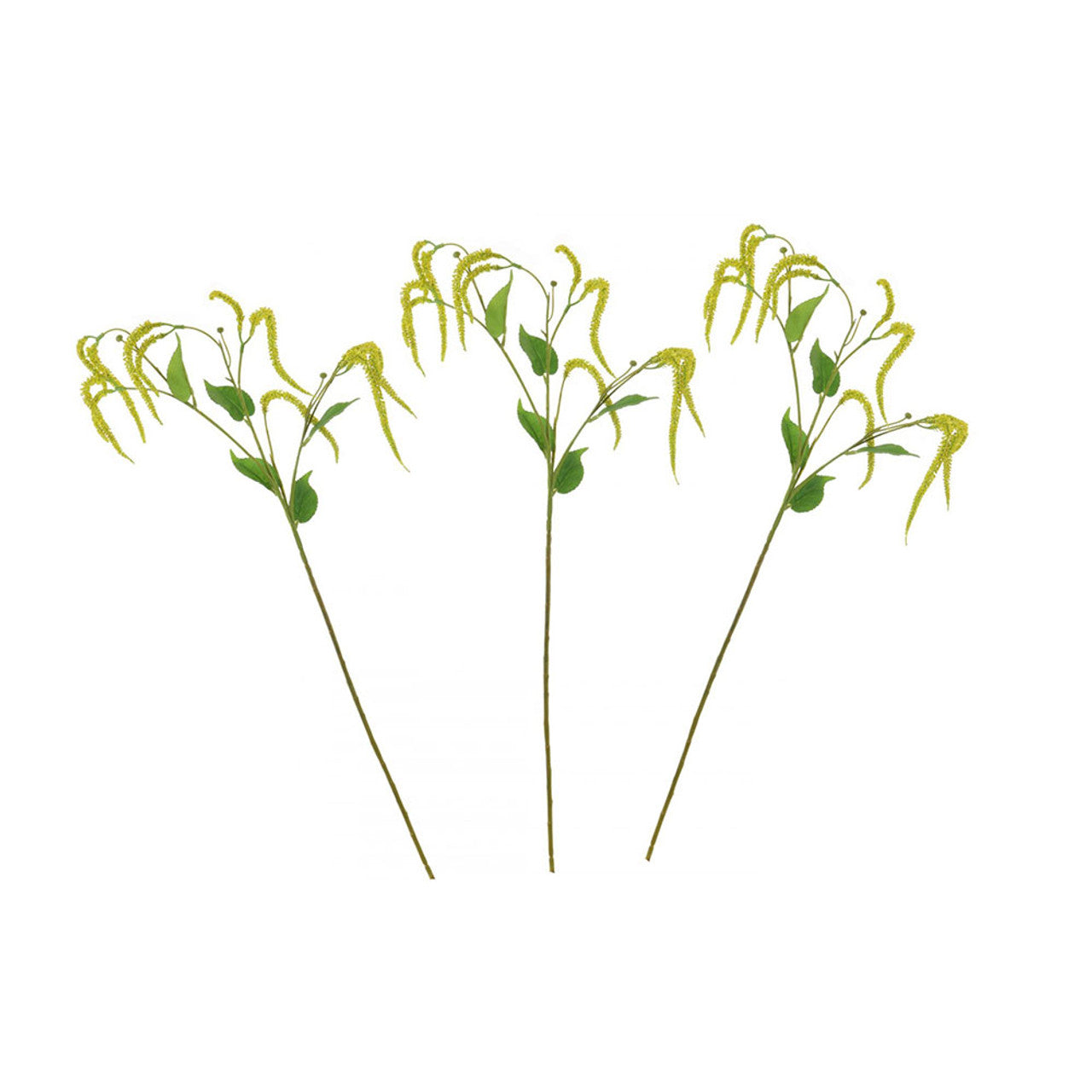 A set of three artificial yellow catkin flower sprays with light green leaves, internally wired to maintain shape, against a white background.