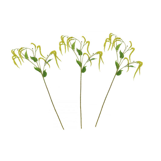 A set of three artificial yellow catkin flower sprays with light green leaves, internally wired to maintain shape, against a white background.