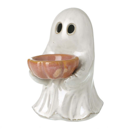 Ceramic ghost with a bowl on a white background