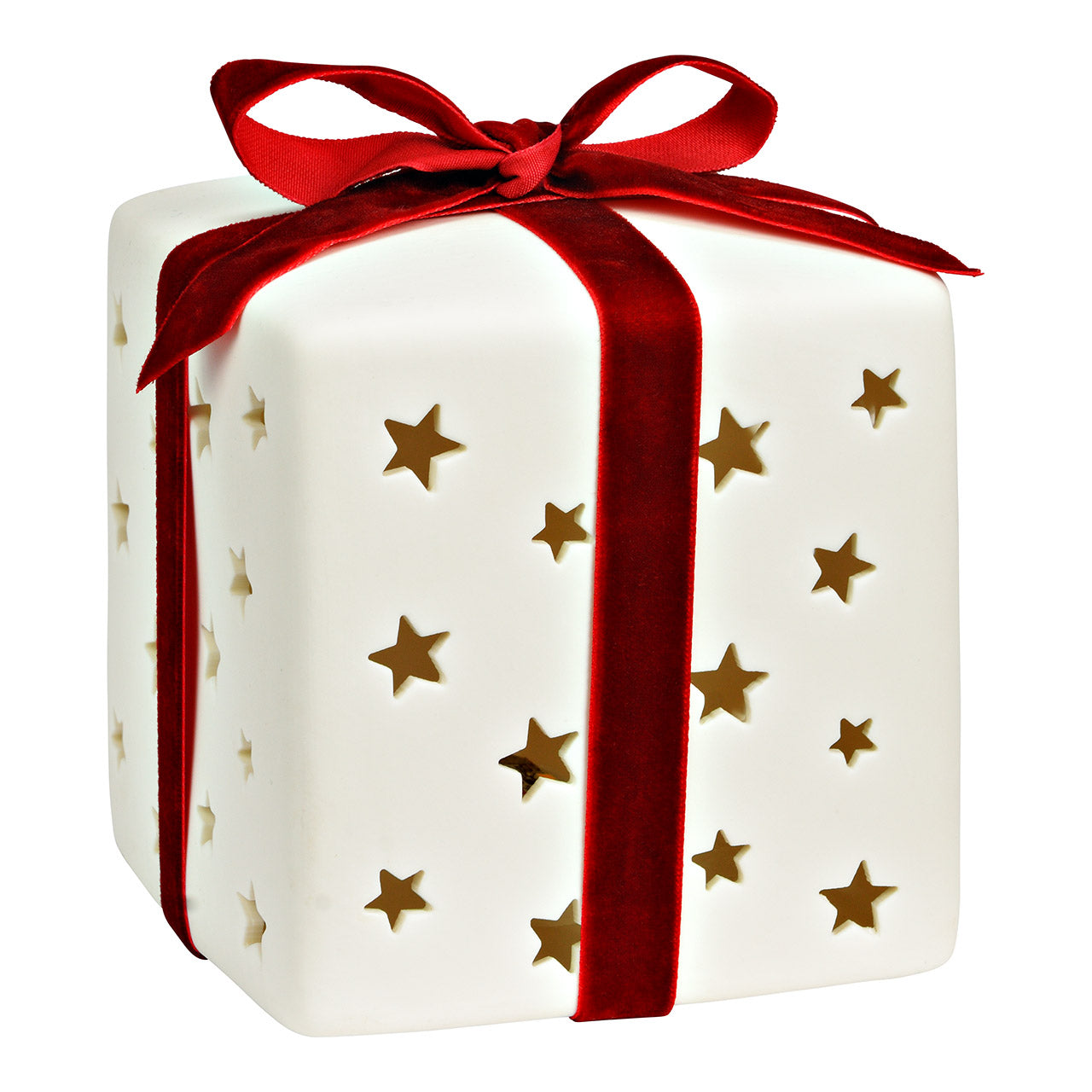 White gift box LED light with stars cut outs and a red ribbon on a white background