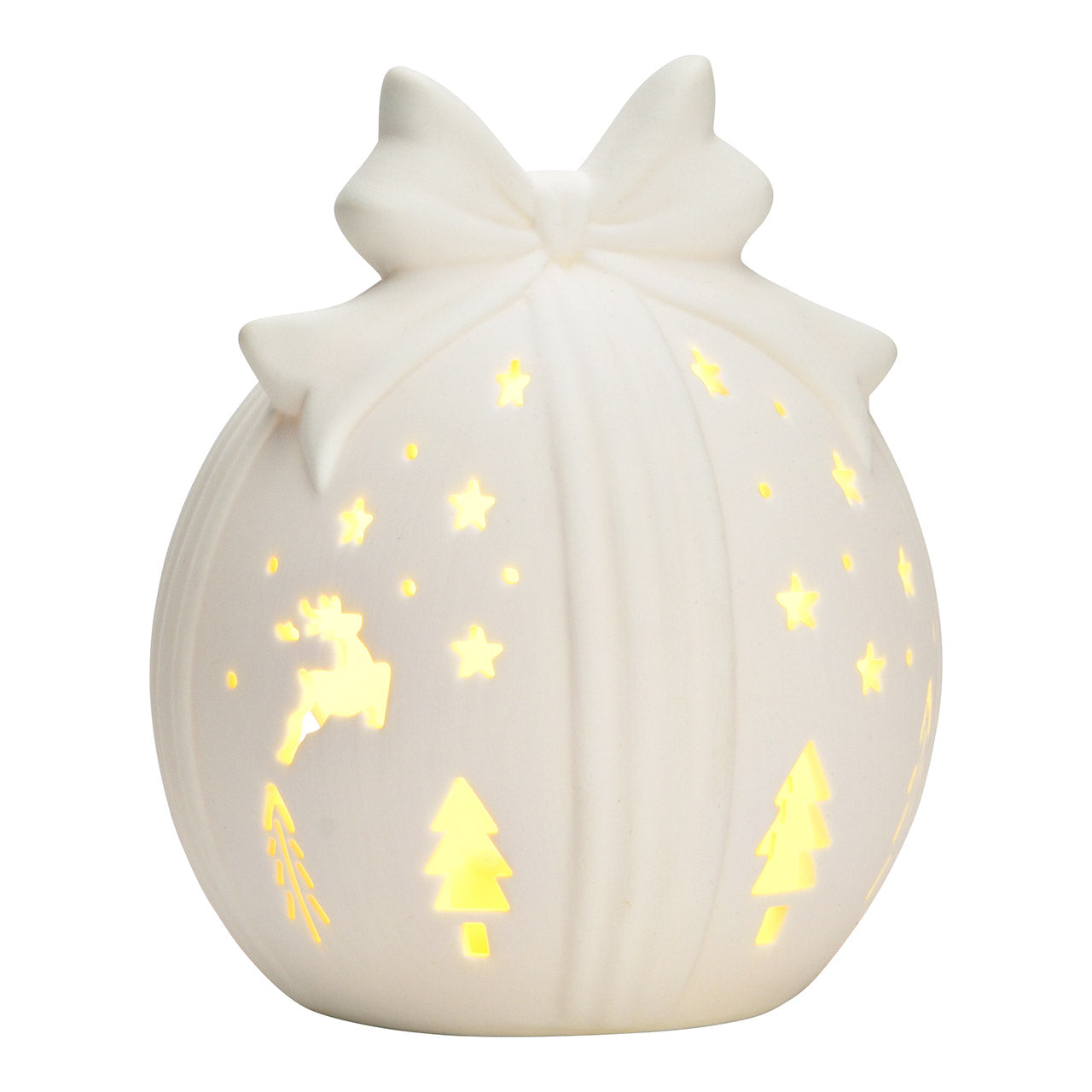 White ceramic bauble light with engraved designs on a white background