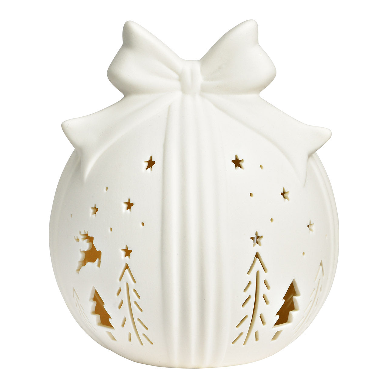 White ceramic ornament with cut-out Christmas designs on a white background