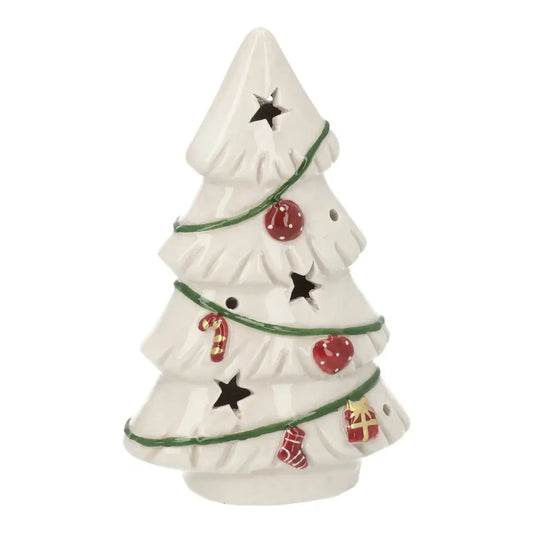 White ceramic Christmas tree ornament with colorful decorations on a white background