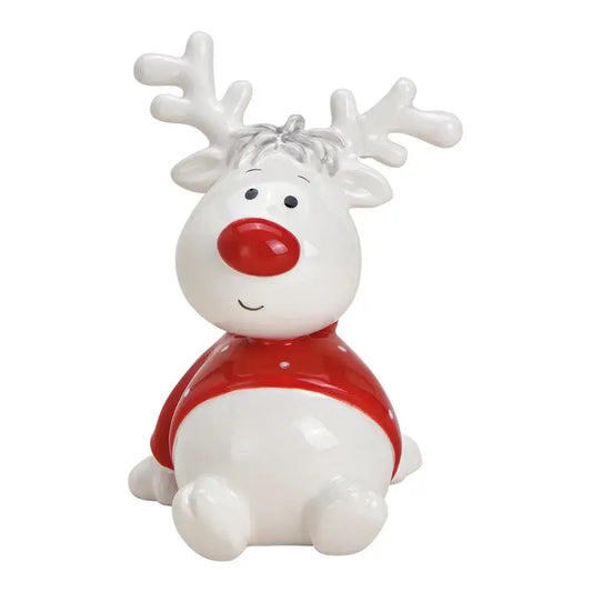 White reindeer figurine with red nose and sweater on a white background