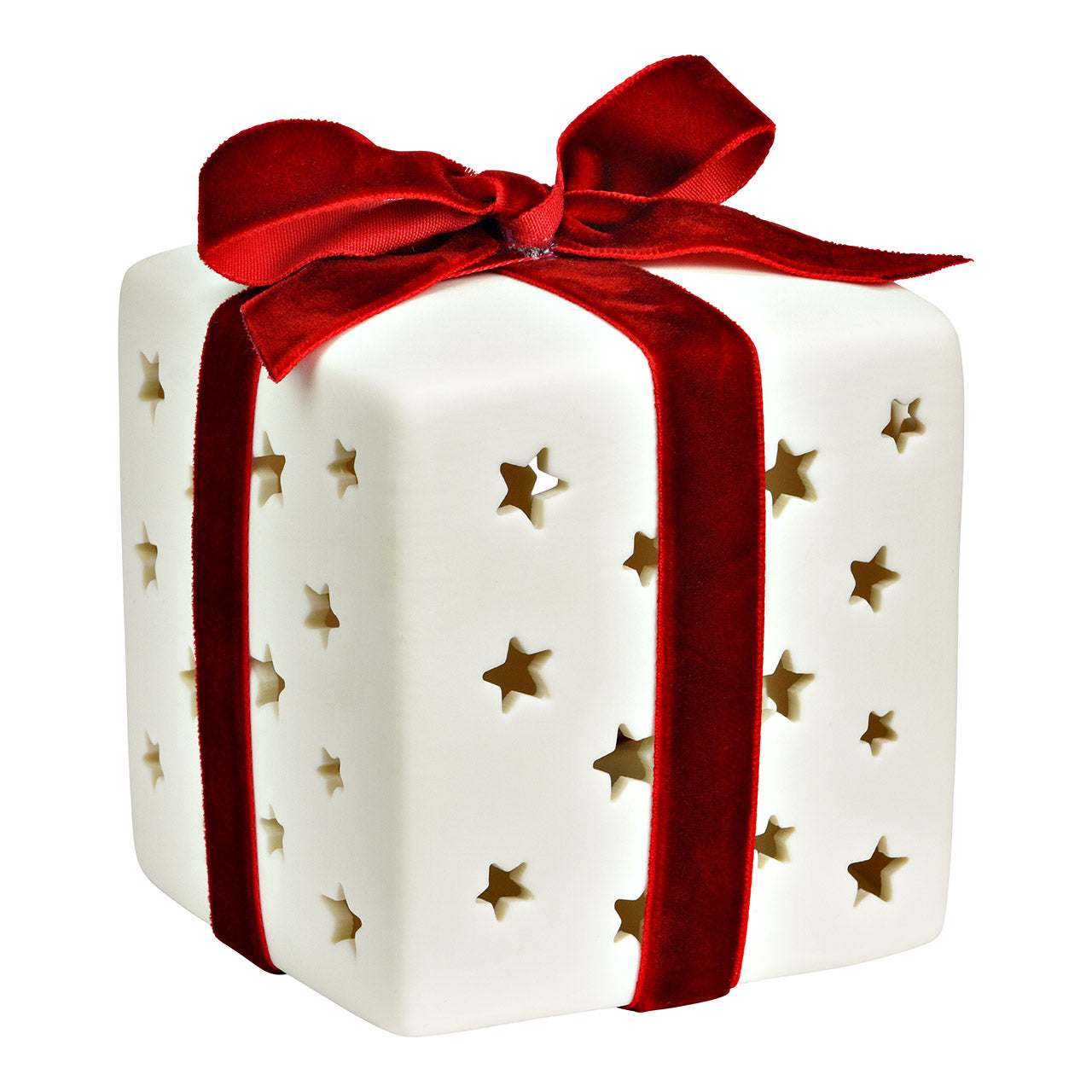 White gift box LED light with star patterns and a red ribbon on a white background