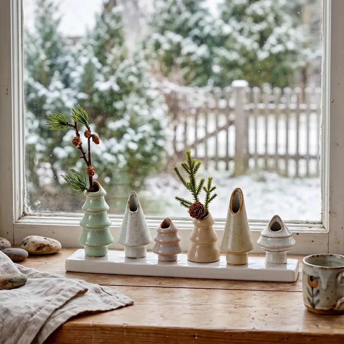 Decorative ceramic trees on a windowsill with a snowy outdoor view.