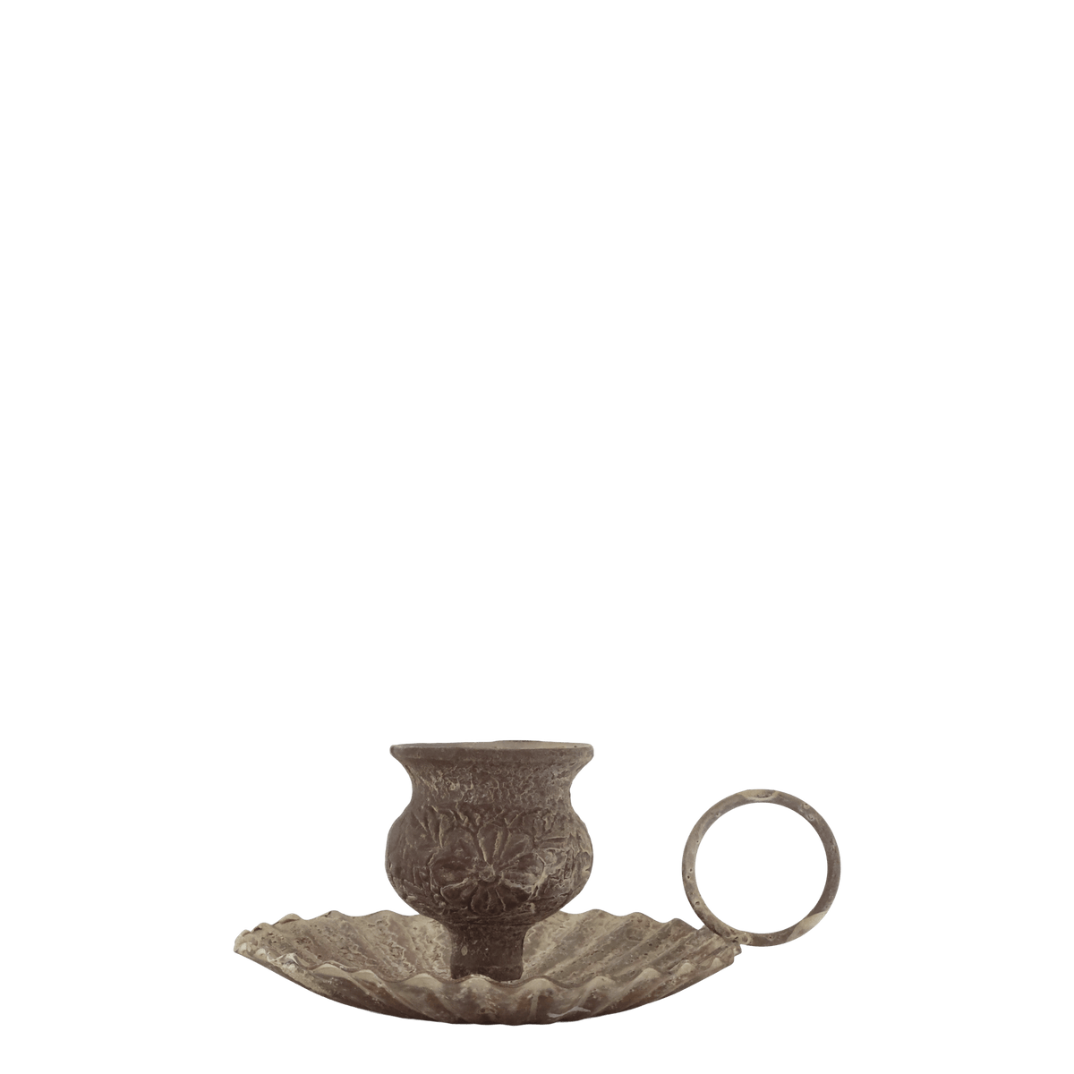 A small metallic candle holder with an embossed floral pattern, resting on a matching leaf-shaped saucer with a ring handle, shown against a plain white background.