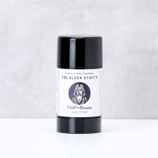Deodorant stick labeled 'The Black Stuff' by Chill Your Boans on a white background