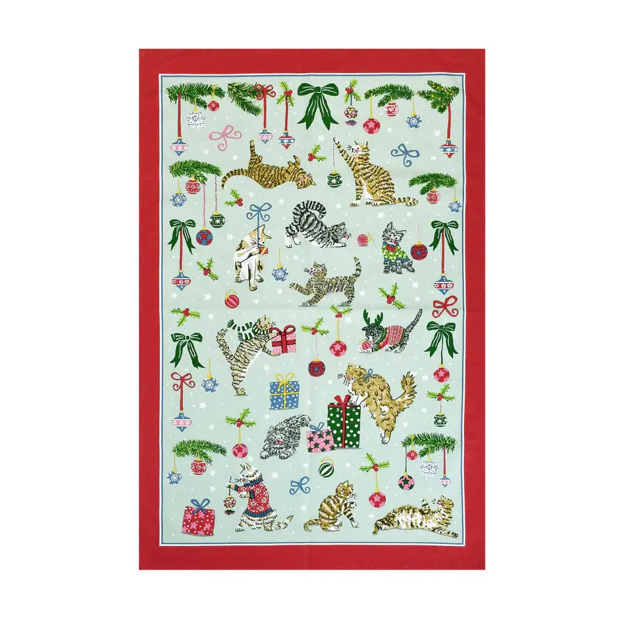 Decorative towel with Christmas-themed design featuring cats, presents, and ornaments on a light blue background.
