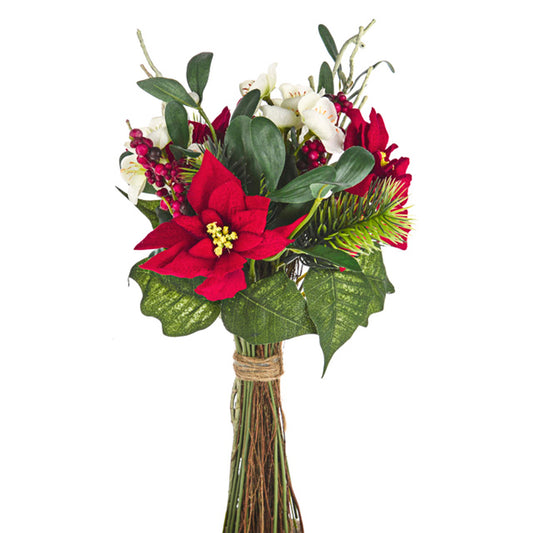Bouquet with red poinsettias and greenery on a white background