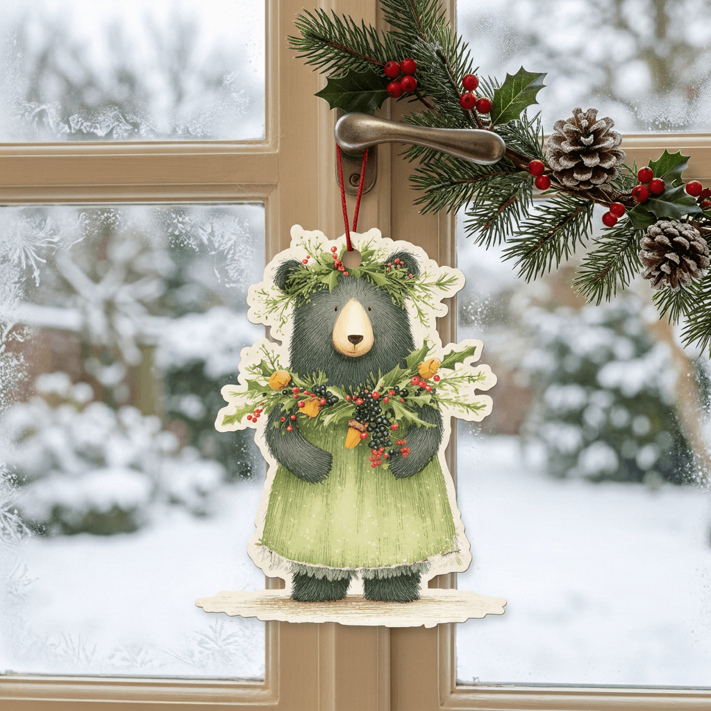 A decorative hanging card shaped like a bear dressed in a green skirt, decorated with a floral crown and holding a wreath of greenery and red berries, hanging from a window with a snowy outdoor background and holiday garland.