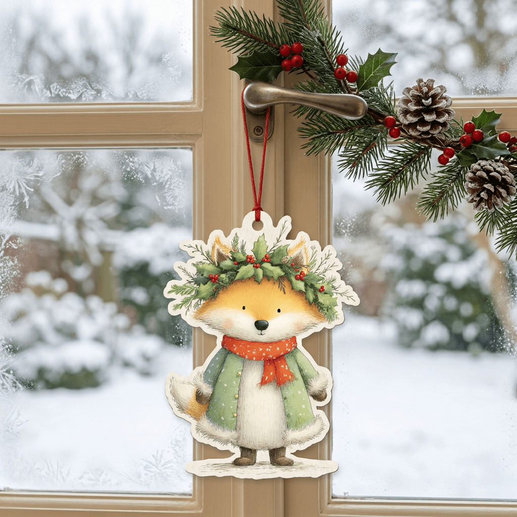 A festive hanging card featuring a smiling fox wearing a green wreath with red berries, a green coat, and an orange scarf, set against a snowy outdoor background visible through the window.