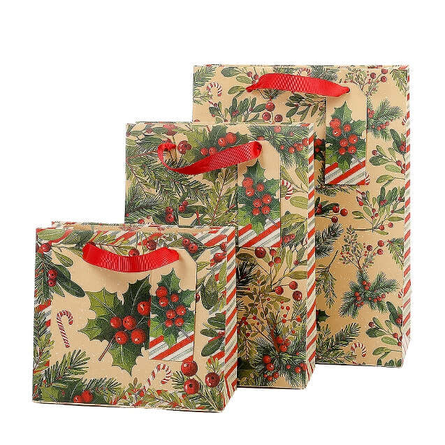 Three Christmas-themed gift bags with red ribbon handles, featuring a holly and pine pattern on a beige background, arranged against a plain white background.