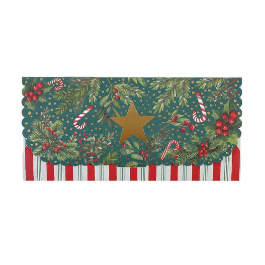 A decorative gift envelope, featuring a dark teal green background decorated with green pine branches, red berries, white candy canes, and gold polka dots. A large gold star is centered on the flap, and the bottom edge has a red and white striped border.