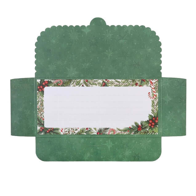 A money envelope open with a scalloped top edge, a wide side tab, and a central rectangular opening bordered by a holly and candy cane print. The center insert is blank white.