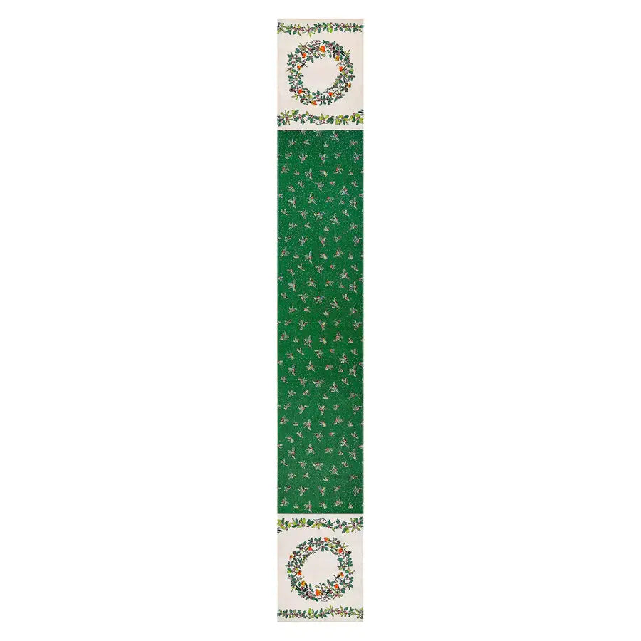 Green table runner with floral patterns on a white background