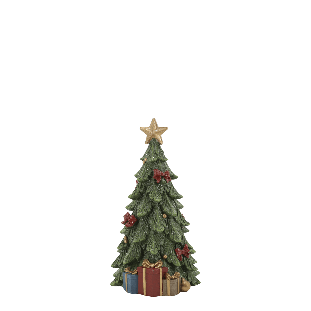 A small decorative Christmas tree figurine with a gold star topper, green textured branches, red bow ornaments, and wrapped presents at the base, shown on a plain white background.