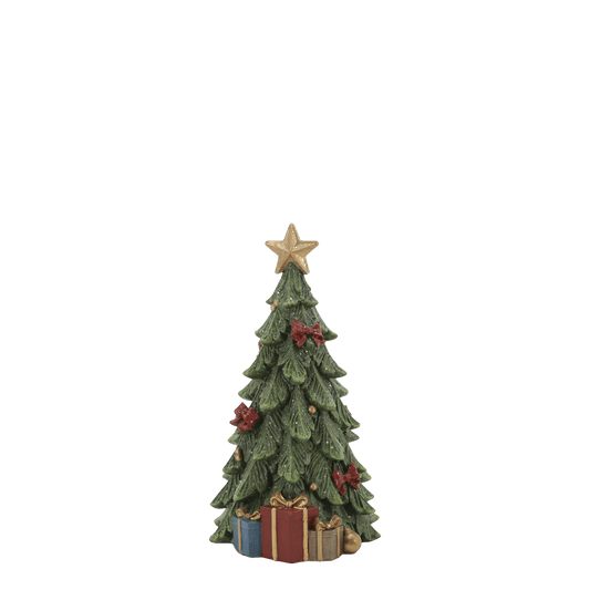 A small decorative Christmas tree figurine with a gold star topper, green textured branches, red bow ornaments, and wrapped presents at the base, shown on a plain white background.