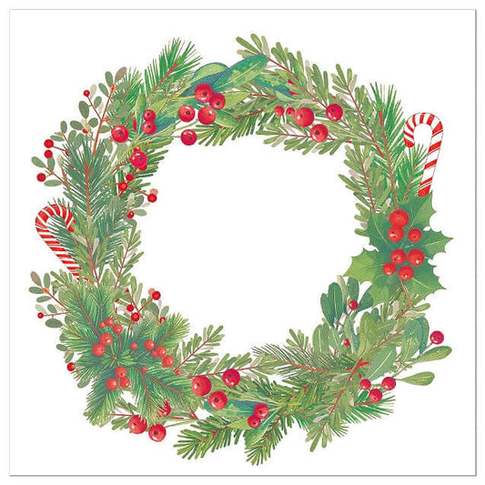 A festive Christmas wreath illustration featuring green pine and holly branches, red berries, and two candy canes on a white background.