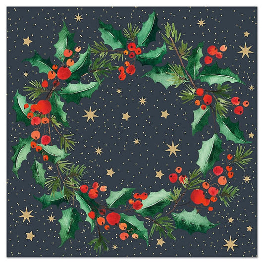 A square decorative print featuring a wreath of green holly leaves and red berries on a dark navy background with scattered gold stars.
