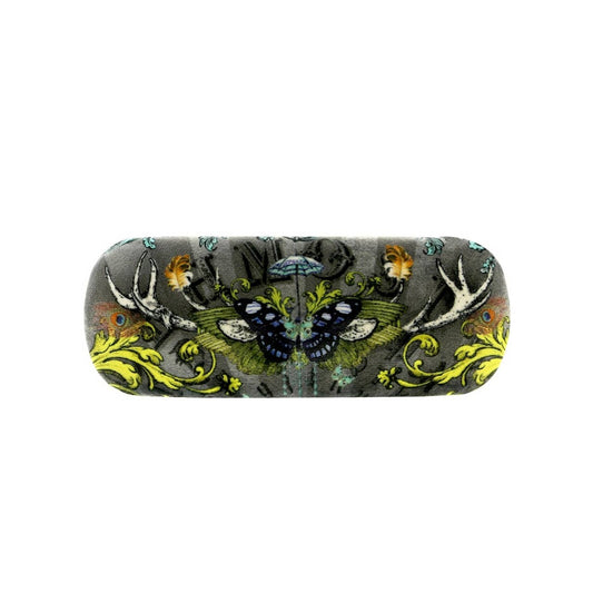 Decorative case with butterfly, stag antlers and floral design on a gray background.