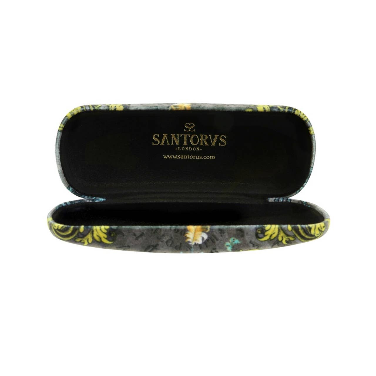 Santoro London eyeglass case with floral pattern open on a white background