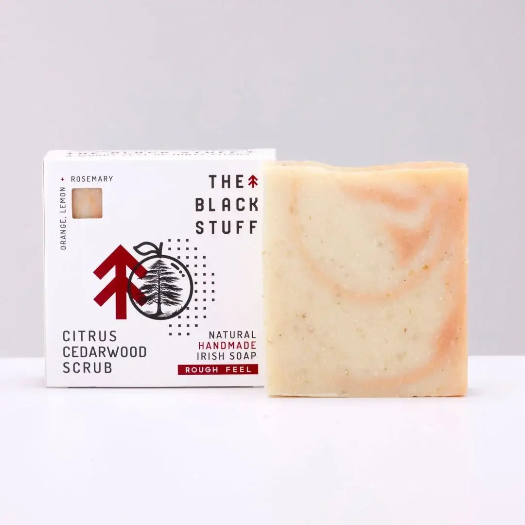 Citrus Cedarwood Scrub soap with box on a white background