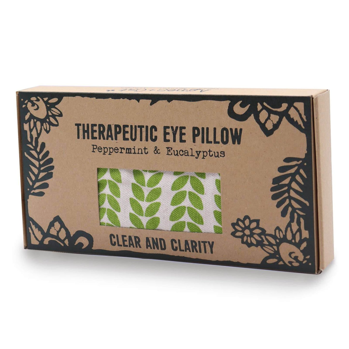 A cardboard packaging of a therapeutic eye pillow with a window displaying the product. The design includes black floral patterns and text, with the title 'THERAPEUTIC EYE PILLOW' and 'Peppermint & Eucalyptus'.