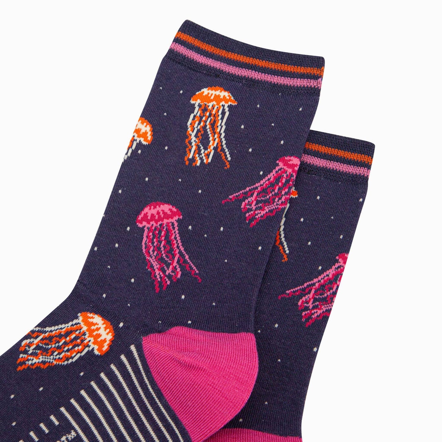 Pair of socks with jellyfish pattern on a white background