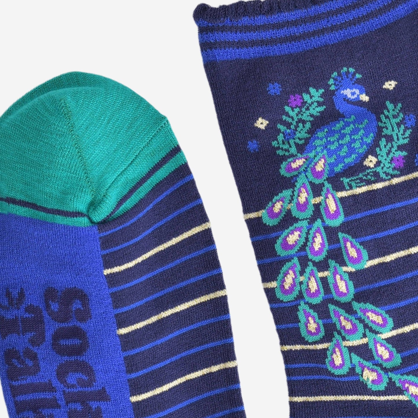 Pair of socks with peacock design and striped pattern on a white background