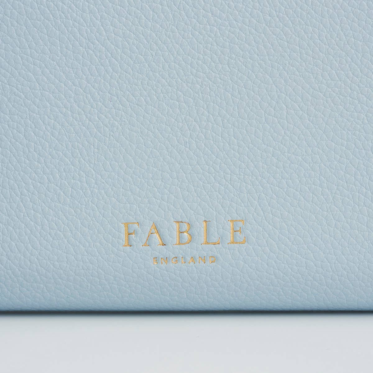 Light blue leather surface with 'Fable' branding in gold.