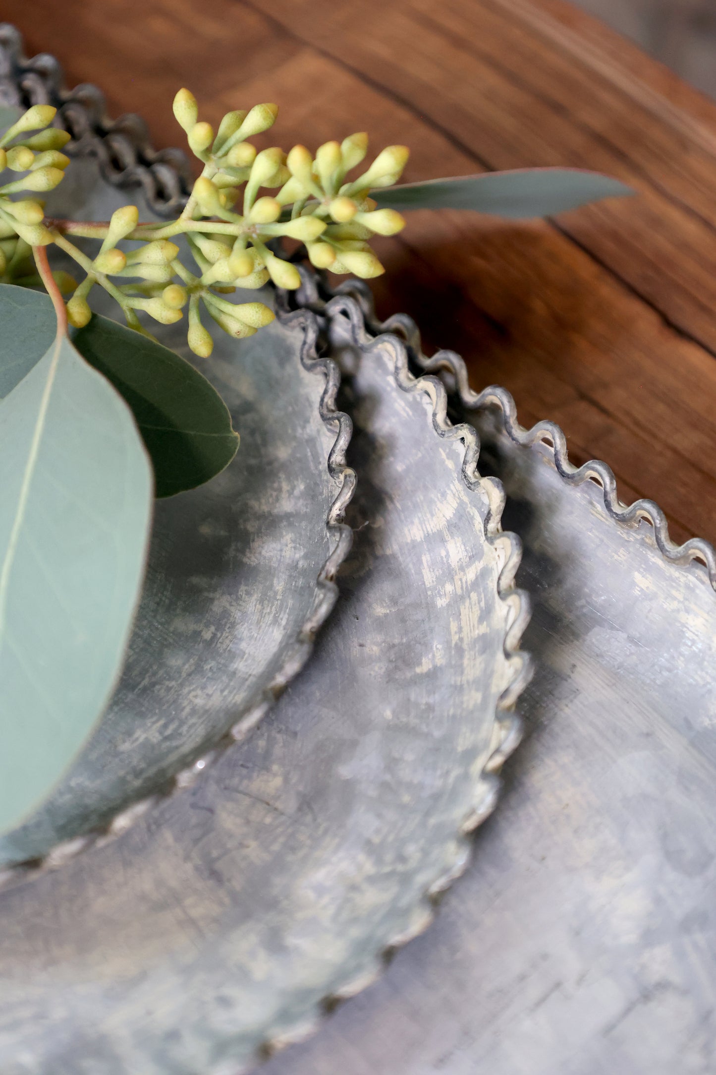 Decorative metal trays with greenery on a wooden surface