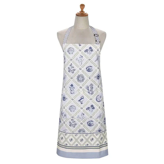 White apron with blue floral pattern on a mannequin against a white background