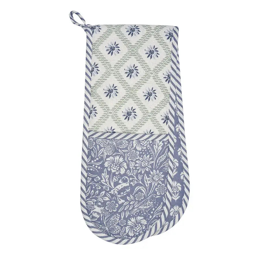 Oven mitt with blue floral pattern on a white background
