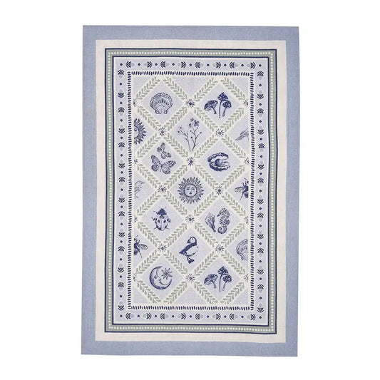 Decorative tea towel with geometric pattern on a white background