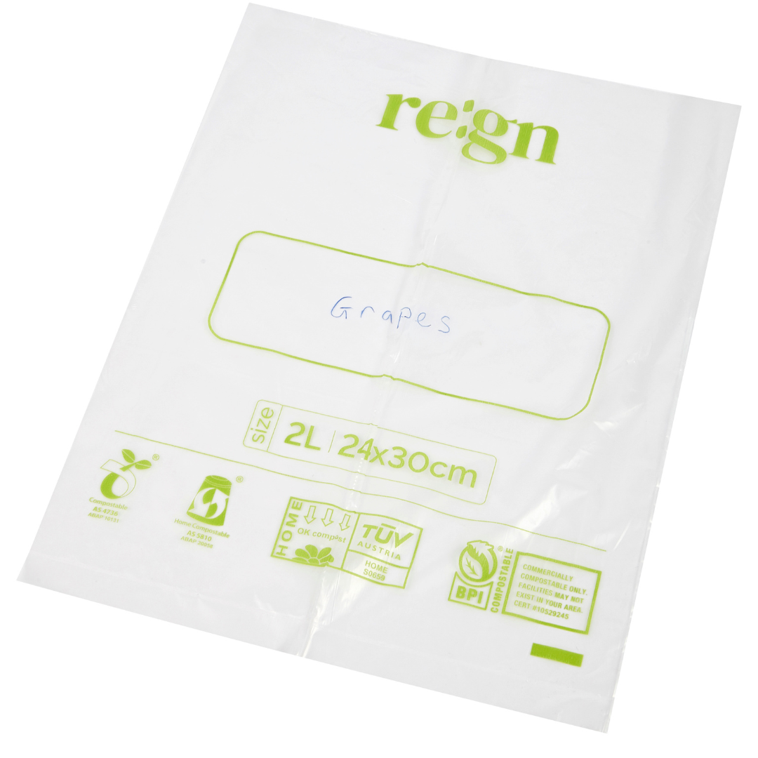 White plastic bag with green text and branding on a white background