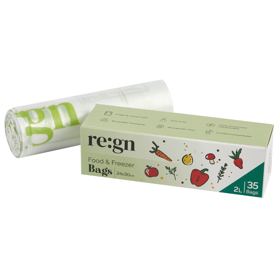 Roll of 're:gn' food and freezer bags with packaging on a white background