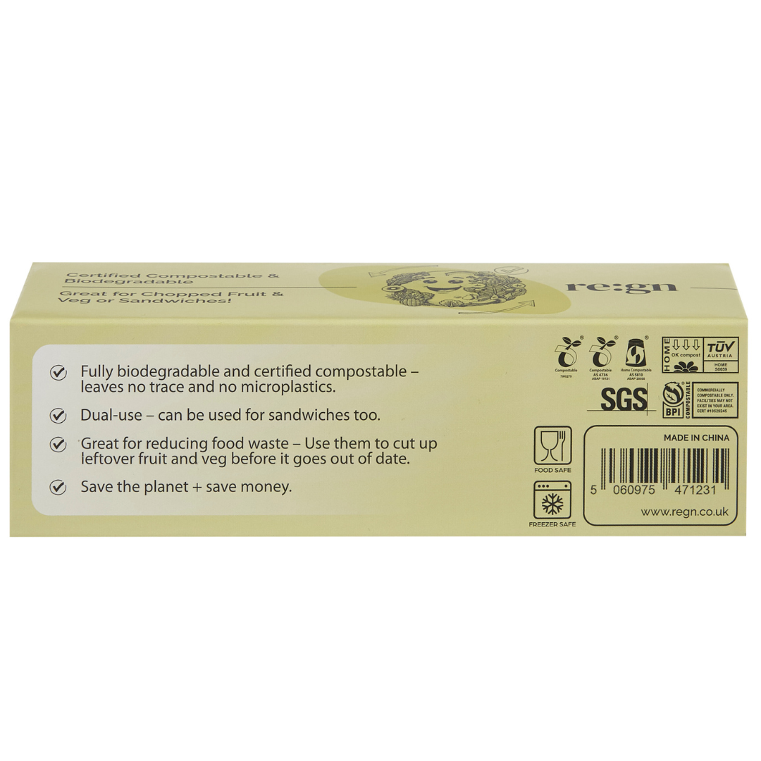Biodegradable packaging with certification logos and product information on a white background