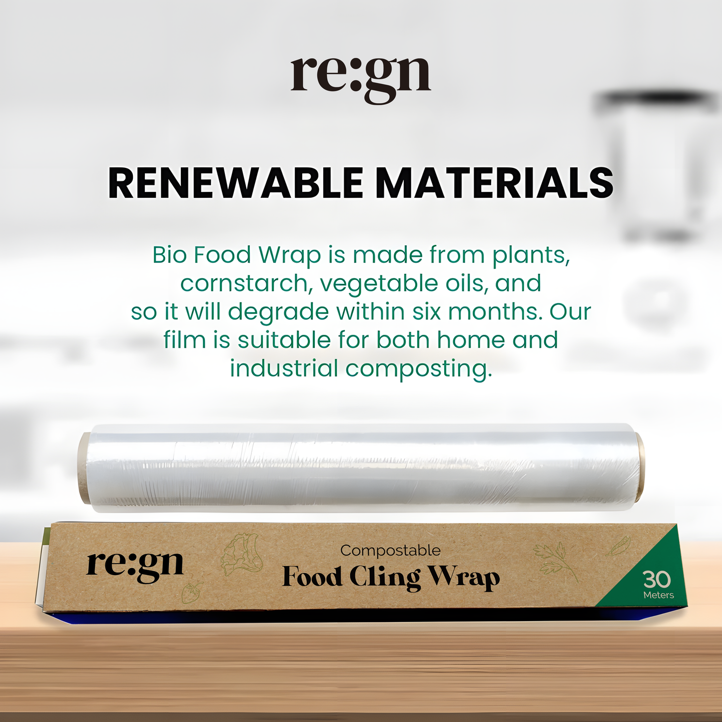 Roll of regn compostable food cling wrap with packaging on a light background