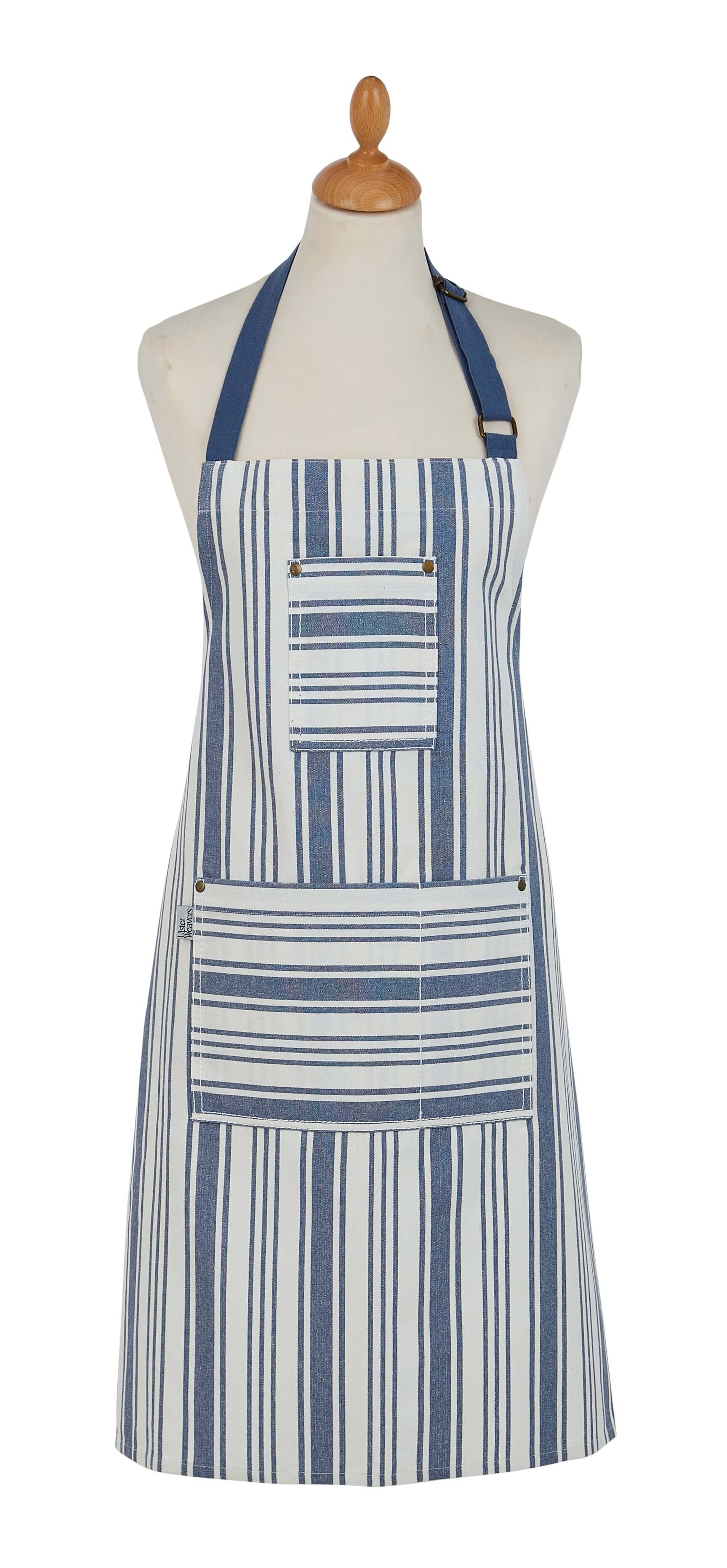 Blue and white striped apron on a mannequin against a white background