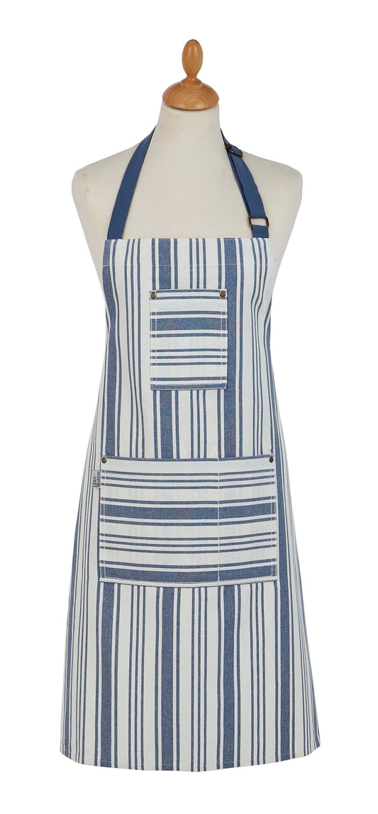 Blue and white striped apron on a mannequin against a white background