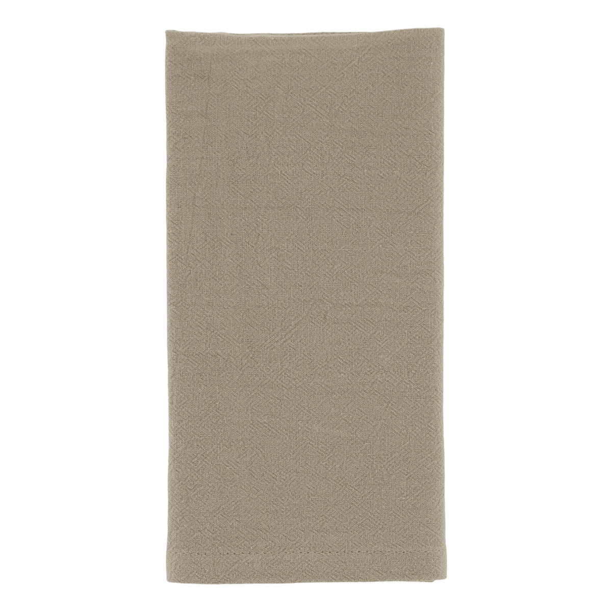 A folded rectangular napkin in a warm taupe-beige color, showing a subtle woven texture, isolated on a solid white background.