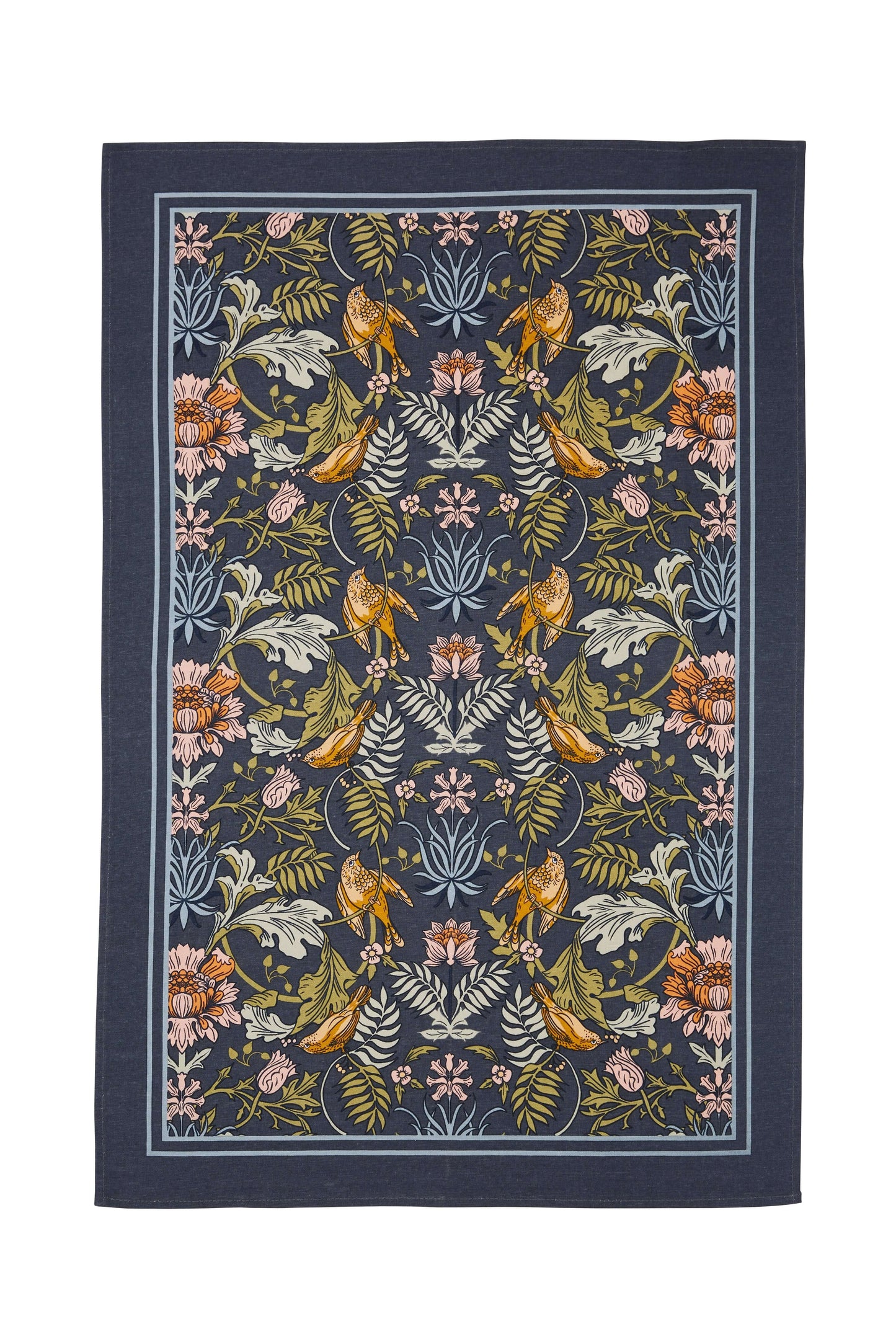 Decorative tea towel with finch and floral pattern on a dark blue background