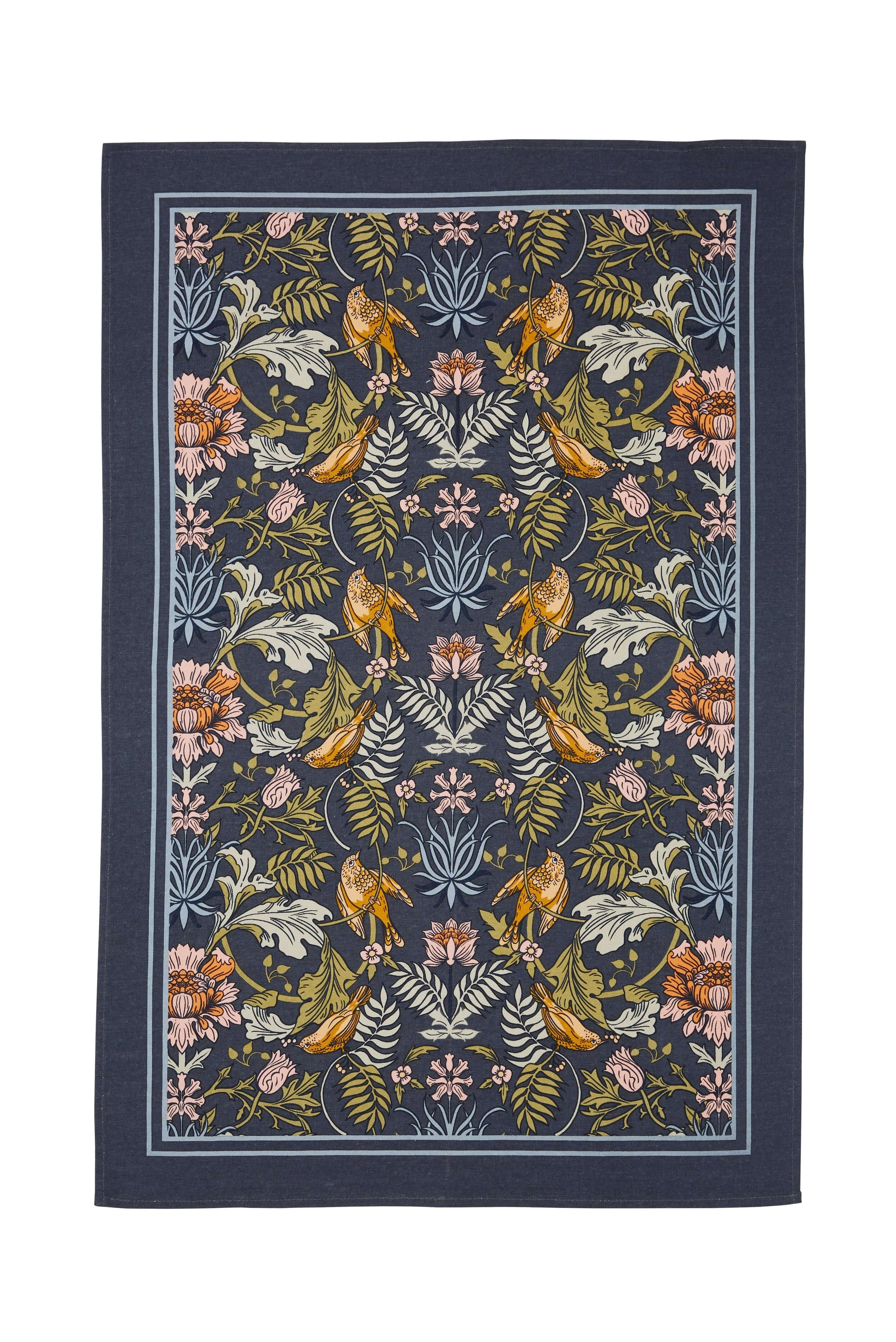 Decorative tea towel with finch and floral pattern on a dark blue background