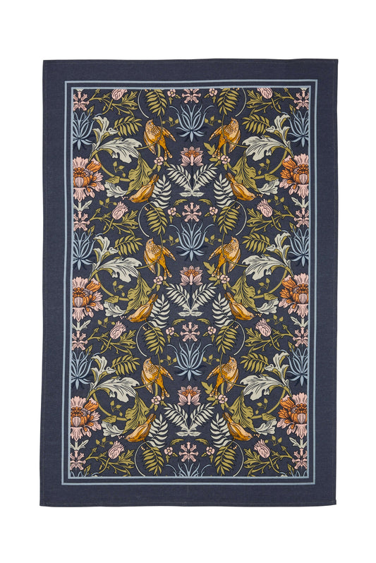 Decorative tea towel with finch and floral pattern on a dark blue background